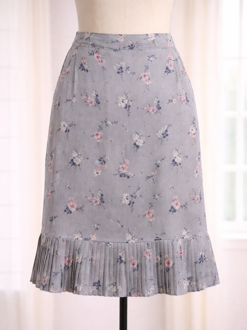 Mikarose Dusty Blue Floral Midi Skirt with Pleated Hem